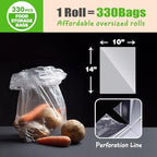 Teivio 330 Count 10" x 14" Plastic Produce Bags on A Roll, Clear Kitchen Disposable Plastic Storage Bags for Bread Fruit Vegetable