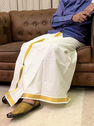 Cotton Dhoti Vesti Mundu Cream Color Double Layer with golden zari border for Religious Occasion Wedding New Year Temple Puja Rituals Housewarming and Gifting (4 Mtrs)