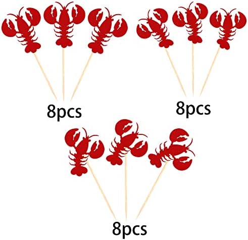 24 Pack Crawfish Cupcake Toppers Red Glitter Lobster Cupcake Food Picks Bridal Shower Bachelorette Sea Animal Theme Baby Shower Kids Birthday Party Cake Decorations Supplies Red