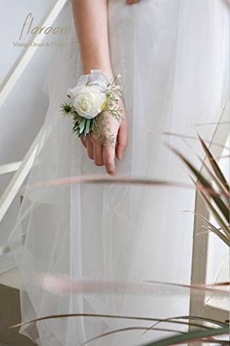 Floroom Ivory Rose Wrist Corsage Wristlet Band Bracelet and Men Boutonniere Set for White Wedding Flower Accessories Prom Suit Decorations
