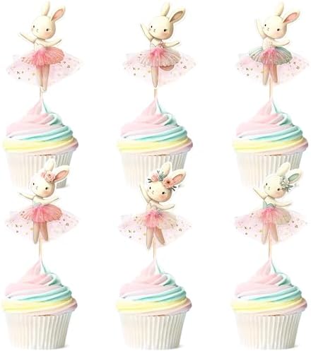 30 PCS Easter Cupcake topper Bunny Cupcake Toppers Easter Egg Cupcake Topper Rabbit Party Cake Topper Decorations (Brown) (Pink TUTU)