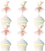 30 PCS Easter Cupcake topper Bunny Cupcake Toppers Easter Egg Cupcake Topper Rabbit Party Cake Topper Decorations (Brown) (Pink TUTU)