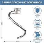 Stainless Steel Spiral Dough Hook for Kitchenaid 5Plus & 6QT Bowl-Lift Stand Mixers, Dough Hook for Kitchenaid Stand Mixer Dishwasher Safe, Efficient Kneading for Bread, Pizza, Pasta, Cookies
