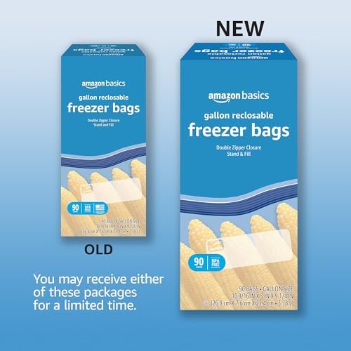 Amazon Basics Reclosable Freezer Gallon Size Bags with Double Zipper Seal, Stand-Up Bottom, BPA Free, 90 Count (Previously Solimo)
