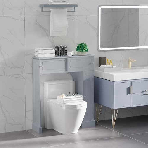 HOMCOM Over The Toilet Bathroom Cabinet, Freestanding Bathroom Storage Organizer with Adjustable Shelves, Toilet Rack, Gray