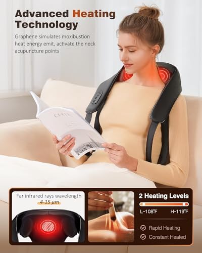 KNQZE Neck and Shoulder Massager with Heat, Cordless Back and Neck Massager, Upgraded Graphene Heating, 4D Shiatsu Deep Kneading Massage for Shoulder, Back,Leg,Pain Relief, Gift for Dad Mom (Black)