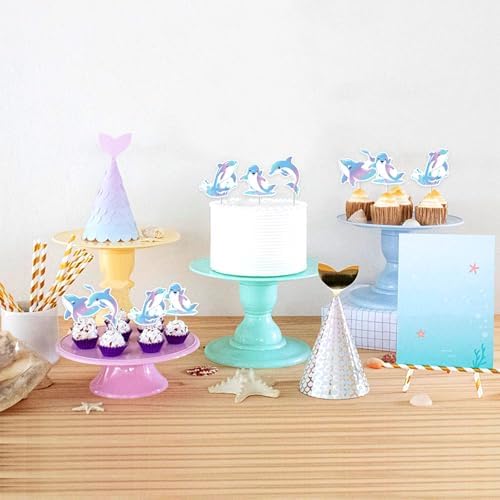 JOYMEMO 36 Pcs Dolphin Theme Cupcake Toppers Pink Blue Purple - Under The Sea Birthday Cake Decorations for Boys Girls, Double Sided Dolphin Ocean Animal Theme Party Supplies