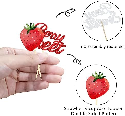 24 Pcs Strawberry Cupcake Topper Glitter Berry Sweet Cupcake Topper for Berry Rush Strawberry Theme Kids Birthday Frutti Party Baby Shower Wedding Bridal Shower Supplies (Berry Sweet Red)