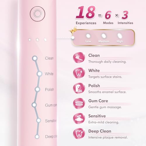 Pink Electric Toothbrush for Adults Rechargeable Sonic Toothbrush Ultrasonic Toothbrush with Travel Case, Holder & 7 Brush Heads, 6 Modes & 3 Intensities, 2-Minute Timer (Pink)