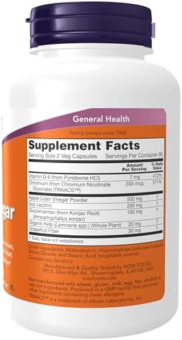 NOW Supplements, Cider Vinegar, with Grapefruit, Lecithin, B-6, Chromium, Kelp & Glucomannan (from Konjac Root), 180 Veg Capsules