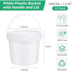 10 Pack White Plastic Bucket with Handle and Lid, 1.5 Quart Ice Cream Containers, Food Grade Freezer Storage Tubs Bucket, Pail Container with Lid Small Bucket with Lid for Fruit Deli Food