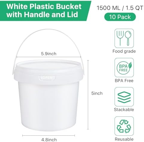 10 Pack White Plastic Bucket with Handle and Lid, 1.5 Quart Ice Cream Containers, Food Grade Freezer Storage Tubs Bucket, Pail Container with Lid Small Bucket with Lid for Fruit Deli Food
