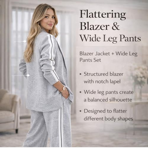 Women’s 2 Piece Blazer and Wide Leg Pants Set, Striped Button-Up Jacket Business Casual Office Outfit