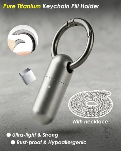 Titanium Pill Holder Necklace, Small Waterproof Mini Pill Case with 28" Rolo Chain, Tiny Pill Fob for Men Women, Emergency Nitroglycerin Aspirin Container, Keychain Pill Holder for Travel, Gifts