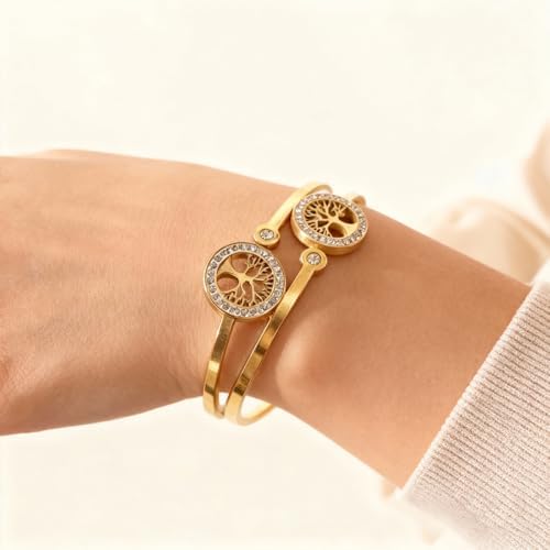 Gold Tree of Life Bangle Bracelet for Women, 18K Gold Plated Stainless Steel Double Layer Spring-Open Bangle, Meaningful Dainty Jewelry Gift
