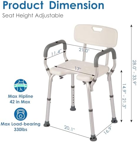 Shower Chair with Arms and Back Heavy Duty 330lbs, Shower Chair for Inside Shower, Shower Seat for Inside Shower Bathroom Chair with Cutout Seat & Cold-Proof Pads, Tools-Free Assembly