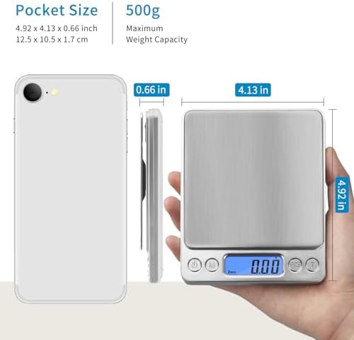 Toprime Digital Gram Scale 500g 0.01g Food Scale High Precision Kitchen Scale Multifunctional Stainless Steel Pocket Scale with Back-Lit LCD Display Tare PCS Features Silver