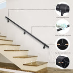 6.6ft Stair Railing Indoor Metal Hand Rails for Indoor Stairs 1.5" Pipe Stair Handrail Aluminum Wall Mounted Indoor/Outdoor Handrail for Steps Black Industrial Handrail for Stairs