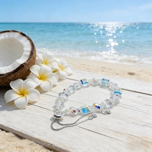 New Designed Iridescent Crystal Beaded Bracelet with Dangling Charms And Women's Gifts.The Sugar Austrian Crstal Bracelet is a Delicate Gorgeous Bracelet for Lady With Adjustable Elasticity (8mm Square White AB)