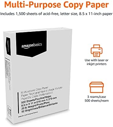 Amazon Basics Multipurpose Copy Printer Paper, 20 lb, 8.5 x 11 Inches, 3 Reams (1,500 Sheets), 92 Bright White for Home Use