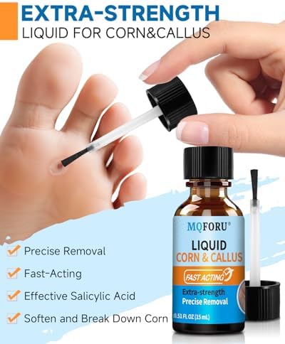 MQFORU Liquid Corn & Callus Removers for Toes & Feet, Extra Strength Corn Removal Fast Acting, 0.5 Fl oz + 15 Corn Cushions + 10 Swabs, Effective Foot Care Solution