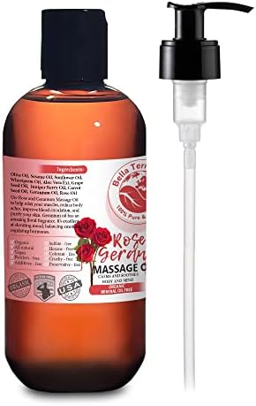 Rose and Geranium Massage Oil Without Mineral Oil. 8 oz. Full Body Massage Therapy. Soothes Body and Mind. Made with Olive Oil, Sesame Oil, Sunflower Oil, Aloe Vera, Geranium Oil, Rose Oil.