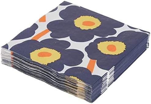 IHR Ideal Home Range Cocktail Napkins Marimekko Disposable 3-Ply Paper Party Napkin Pack, 5" x 5", Unikko Dark Blue, 20-Count