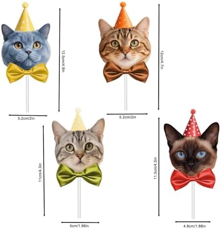 24 Pcs Adorable Cat Cupcake Topper,8 Unique Designs About Cute Cats with Party Hats Cupcake Decorations for Cat Theme Birthday Party Supplies