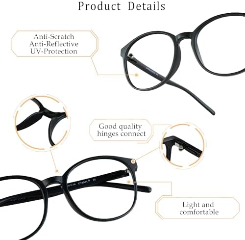 LifeArt Round Blue Light Blocking Glasses, Computer Glasses, Gaming Glasses, TV Glasses for Women Men (Black, No Magnification)