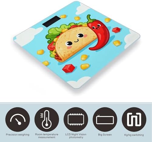 Taco Chili Peppers Body Weight Scale Accurate Stable Digital Bathroom Scale Safe Anti-Slip Home Scale with LCD Display, Anti-Slip Base & Safe Rounded Edge Design for Home Use