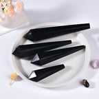 Obsidian Wand Point Long Healing Crystal Scepter Decorative Stone Reiki Meditation with Display Stand Home Office Decor 0.4-0.6LBS
