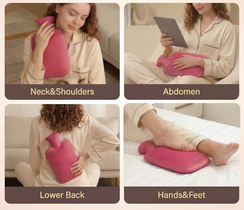 BYVOV Silicone Hot Water Bottle 2L for Pain Relief, Odorless & Leakproof, Long Lasting Heat for Period Cramps, Back, Neck & Muscle Pain, Soft Durable Design (Red)