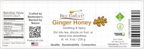 Bee Great Ginger Honey, Raw Honey with Ginger – Soothing & Spicy Sweetener for Tea & Wellness, 8 oz