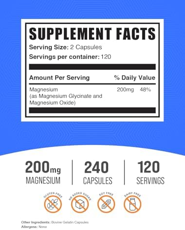 BulkSupplements.com Magnesium Glycinate Capsules - Magnesium Supplement, Magnesium Glycinate 200mg - Gluten Free, 2 Capsules per Serving, 240 Count (Pack of 1)