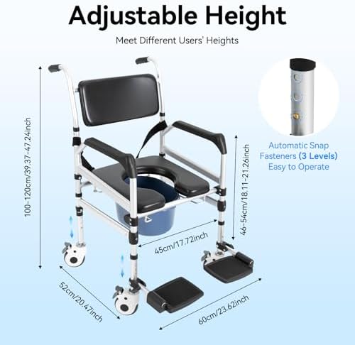 4 in 1 Folding Shower Chair with 4 Wheels, 353LBS Shower Folding Toilet Seat Rolling Wheels Shower Chair Bedside Commode Chairs Adjustable Height Bathroom Wheelchair for Elderly Pregnant and Disabled