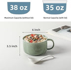 Microwave Soup Bowls with Handles: 38 Ounce Extra Large Ceramic Soup Mug with Handle & Spoon - Oversized Ramen Bowl Set of 2, 6 Inch, Green