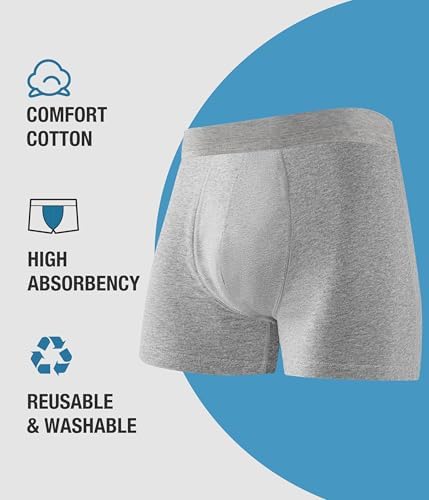YESWEL Men's Incontinence Underwear, Leak Proof Washable Reusable Cotton Boxer Brief, Heavy Flow Bladder Leak 3 Pack (Grey, XXX-Large)