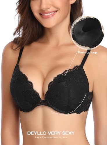 Deyllo Women’s Push Up Lace Bra Comfort Padded Underwire Bra Lift Up Add One Cup