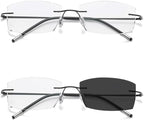 Photochromic Transition Reading Glasses Rimless Eyewear Anti UV Sunglasses Far and Near Dual Use HD Presbyopia Glasses (Color : Black, Size : +1.00)