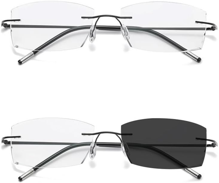 Photochromic Transition Reading Glasses Rimless Eyewear Anti UV Sunglasses Far and Near Dual Use HD Presbyopia Glasses (Color : Black, Size : +1.00)