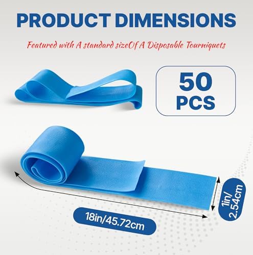 50 Pcs Disposable Tournique, Ourniquet for Blood Draw, 1 inch Wide x 18 inch Long, Latex-Free and Tear-Resistant, Medical Emergency Supplies for Nursing, Travel, and Outdoor First Aid