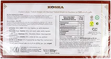 Koska Turkish Delight with Hazelnut, 17.64 oz 1.10 Ibs 500 gr Traditional Turkish Lokum by Koska | Vegan, Kosher and Halal Certified