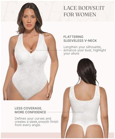 FeelinGirl Shapewear Bodysuit for Women Lace Body Suit Body Shaper Thong V Neck Tummy Control