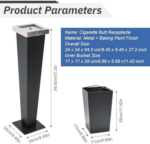 AIWFL Commercial Trash Receptacle Outdoor Trash Can Stainless Steel Garbage Can Black Ash Bin with Inner Bucket for Office Hotel Patio Backyard Restaurants