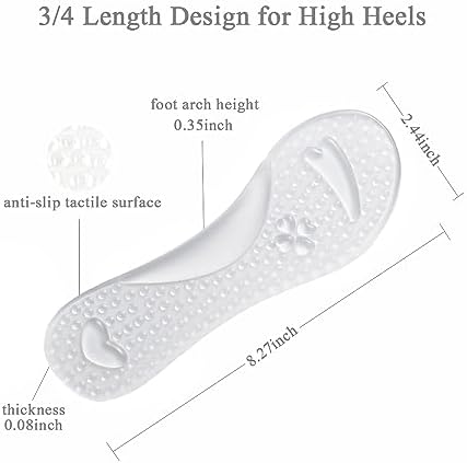 High Heel Cushion Inserts Women, ¾ Adhesive High Heel Relief Insoles Prevent Slipping, Silicone Invisible Cushioning Insoles, Arch Support Shoe Inserts for High Arch Flat Feet, 2 Pairs, Clear