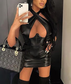 Sexyshine Women's Bodycon Faux Leather Corset Dress Halter Sleeveless Backless Cross Cutout Mini Party Club Dresses