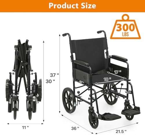 Wheelchair, Folding Transport Wheelchair with Swing-Away Foot Rest and Removable Flip Back Armrests, 18" Wide Seat for Adults Seniors Transfers, 300lbs, Black