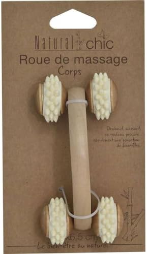 Natural Wooden Handheld Massage Roller - Four Spiked Rollers for Muscle Relief, Circulation Boost and Relaxation - Ergonomic Acupressure Massager for Back, Legs, Arms and Feet