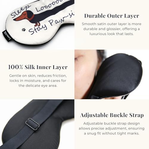 Silk Sleep Mask with 100% Mulberry Silk Inner Layer, Adjustable Strap Eye Mask for Women & Men, Sleep Mask Blackout for Night Sleeping and Daytime Travel, Dachshund Print