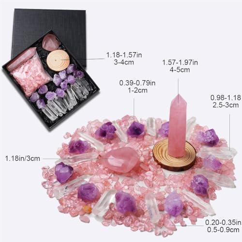 Sanfly Pink Crystal Healing Set - Rose Hexagonal Column with Crushed Stone Heart, Natural Stone Gift Box for Energy Home Decor